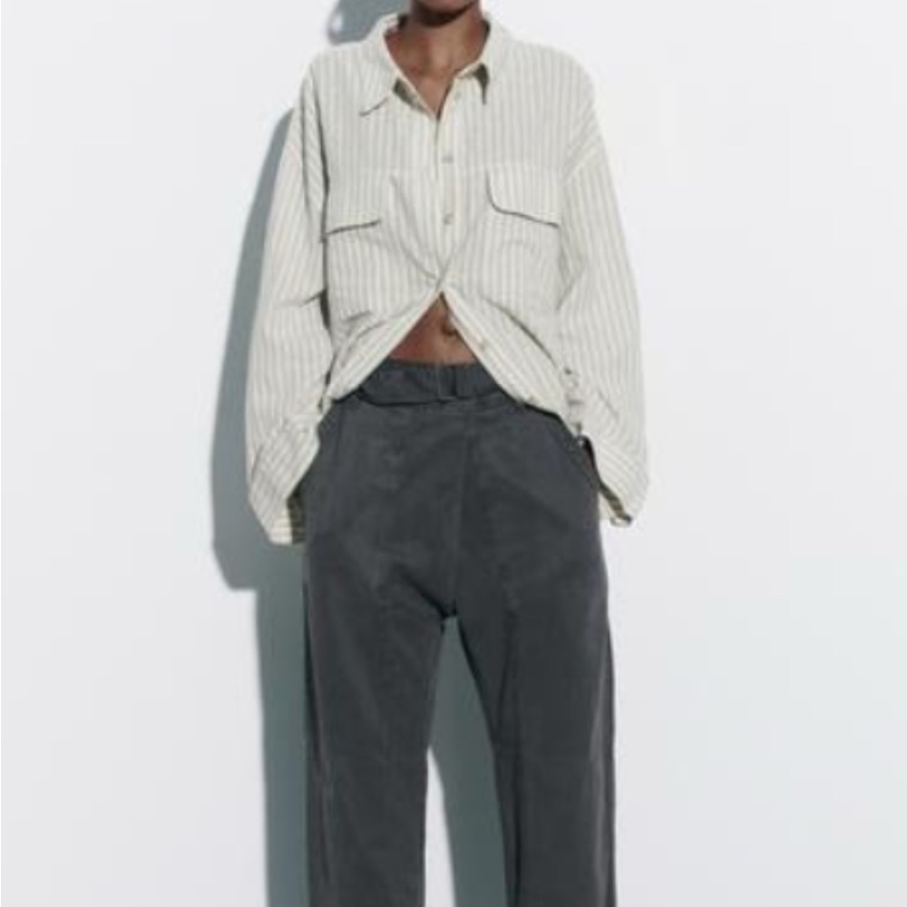 Zara Oversized Striped Linen Blend Button Down with Open Back